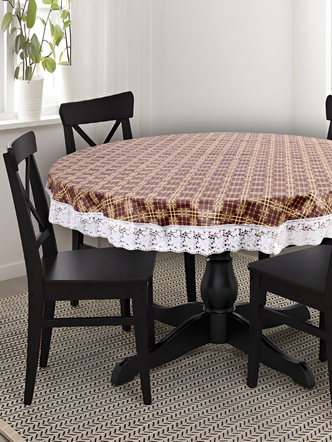 Stylista Brown & White Waterproof Checkered Round 8-Seater Table Cover