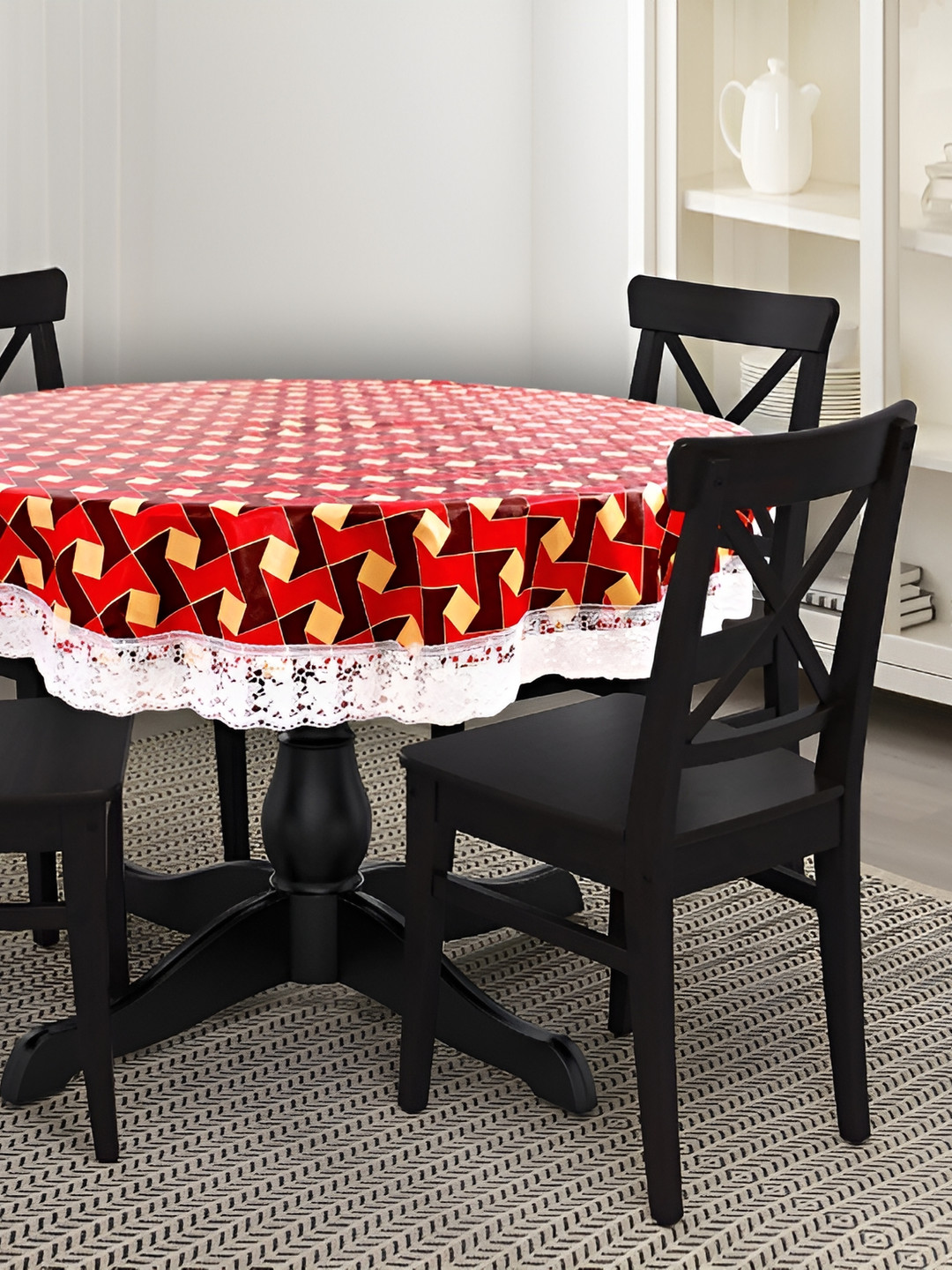 Stylista Red & White Printed 1.52 m x 1.52 m Waterproof Round Table Cover