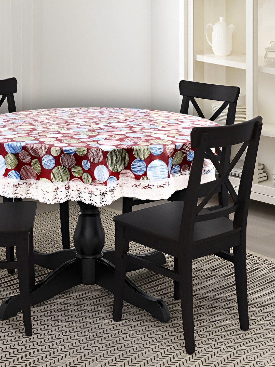 Stylista Maroon & Blue Geometric Round Waterproof 8-Seater Table Cover