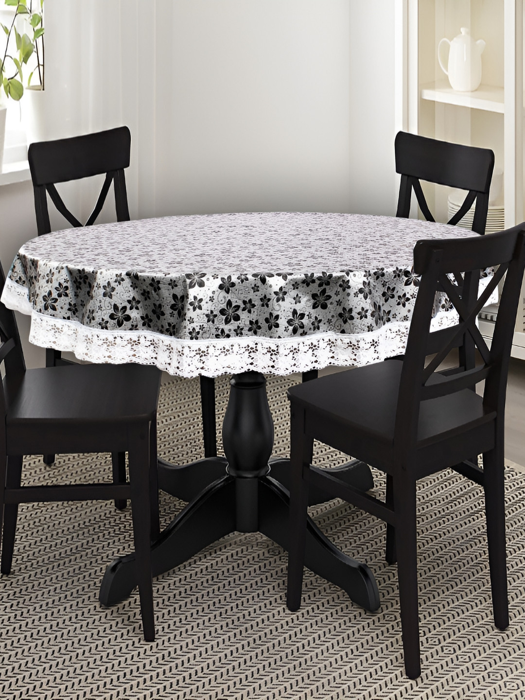 Stylista Grey & Black Floral Printed Waterproof Table Cover