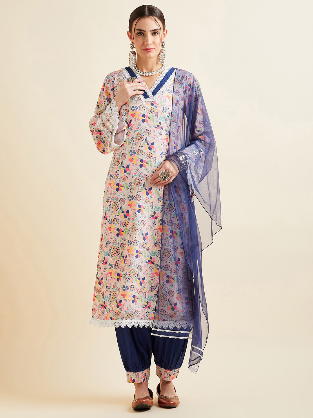 PANIT White & Blue Floral Printed High Slit Patchwork Kurta with Salwar & With Dupatta