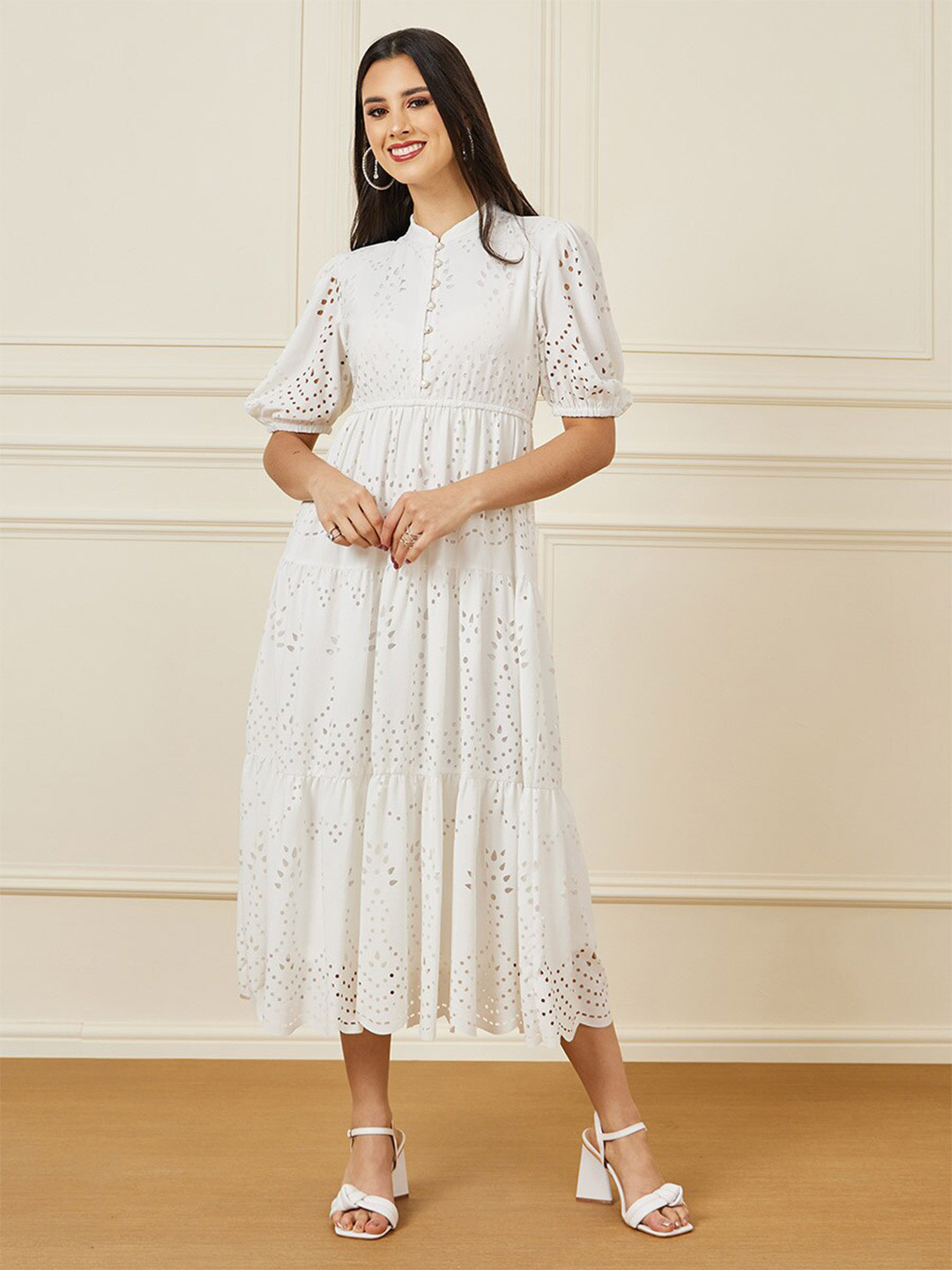 Styli Schiffli Cutwork A-Line Maxi Dress