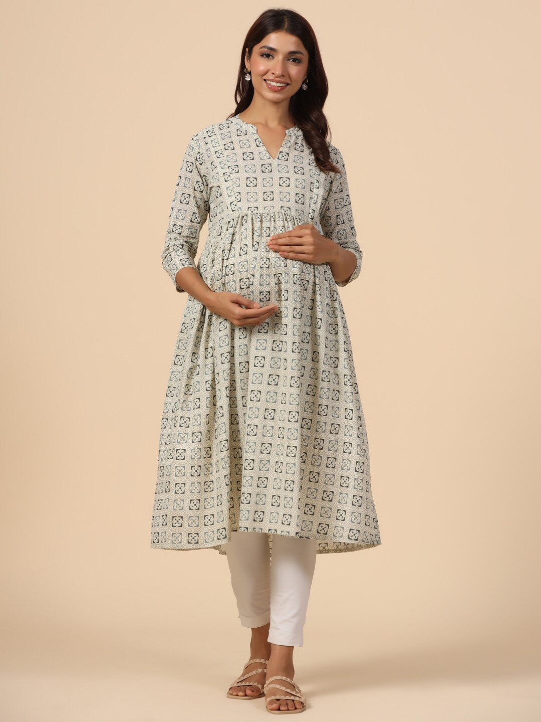 CRAFIQA Ethnic Motifs Printed Pure Cotton Maternity & Nursing Pleated Anarkali Kurta