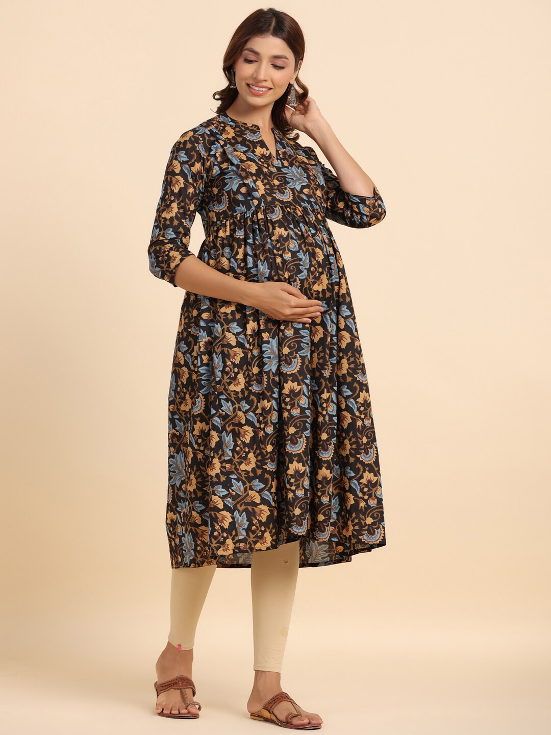 CRAFIQA Floral Printed Mandarin Collar Maternity Cotton A-Line Kurta