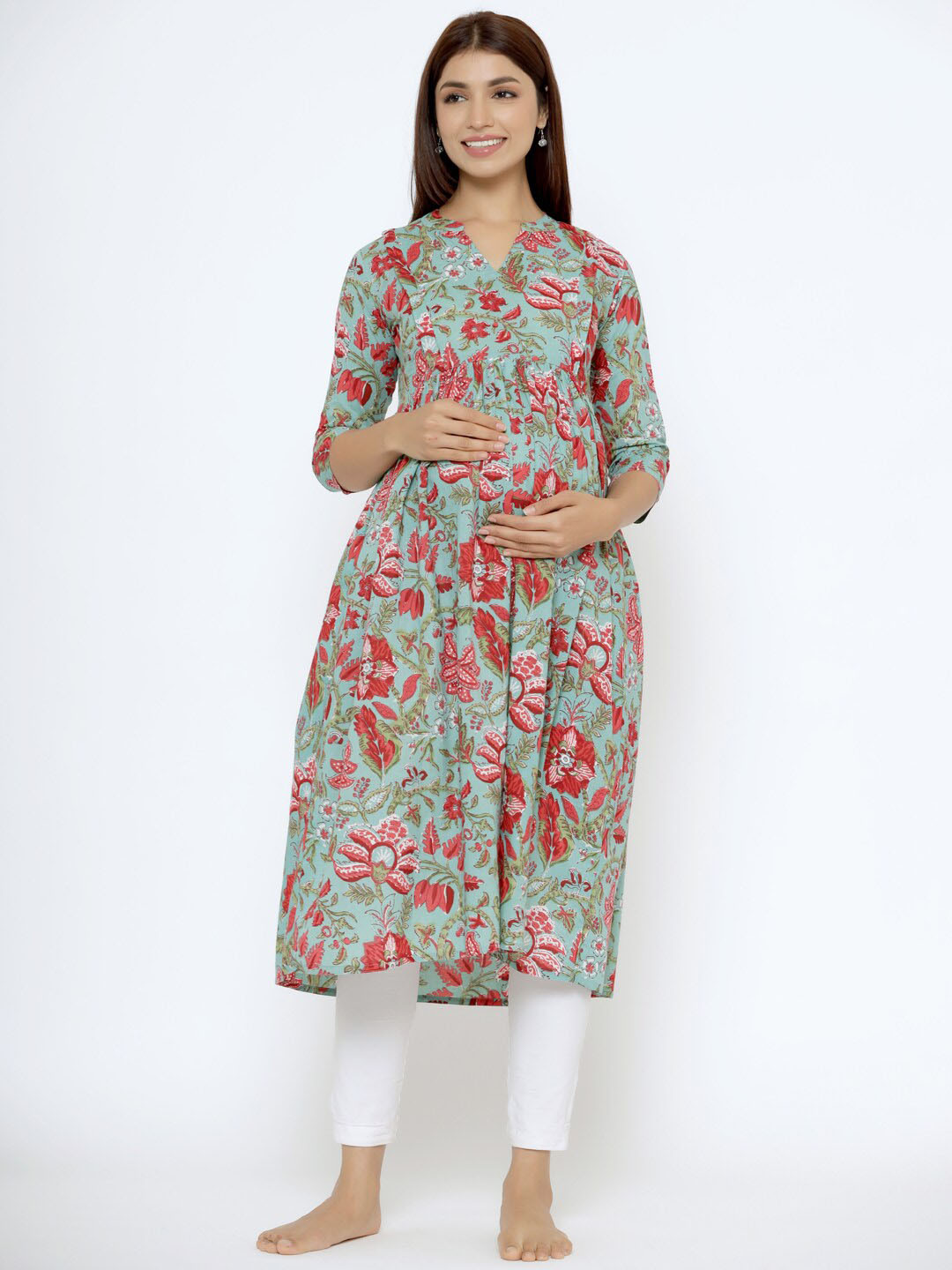 CRAFIQA Floral Printed Pure Cotton Maternity & Nursing Pleated Anarkali Kurta