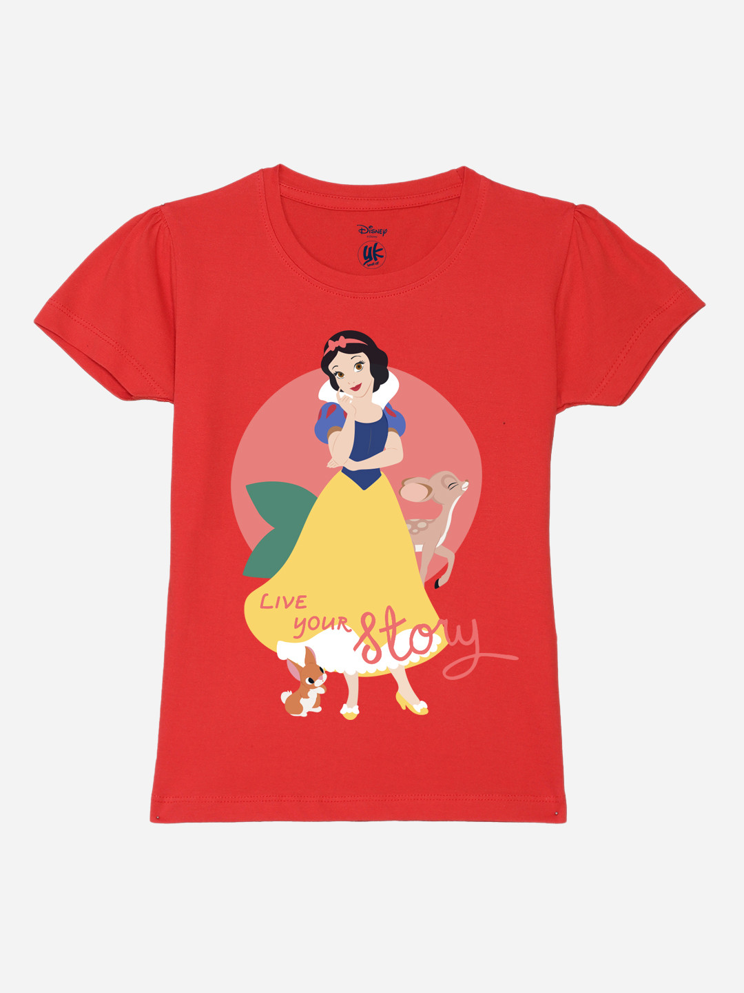 YK Disney Girls Disney Princess Graphic Printed Puffed Sleeves Pure Cotton T-shirt