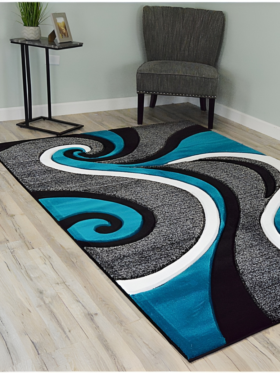 Shopgallery Steel Toned & Black Abstract Printed Anti Skid Carpet