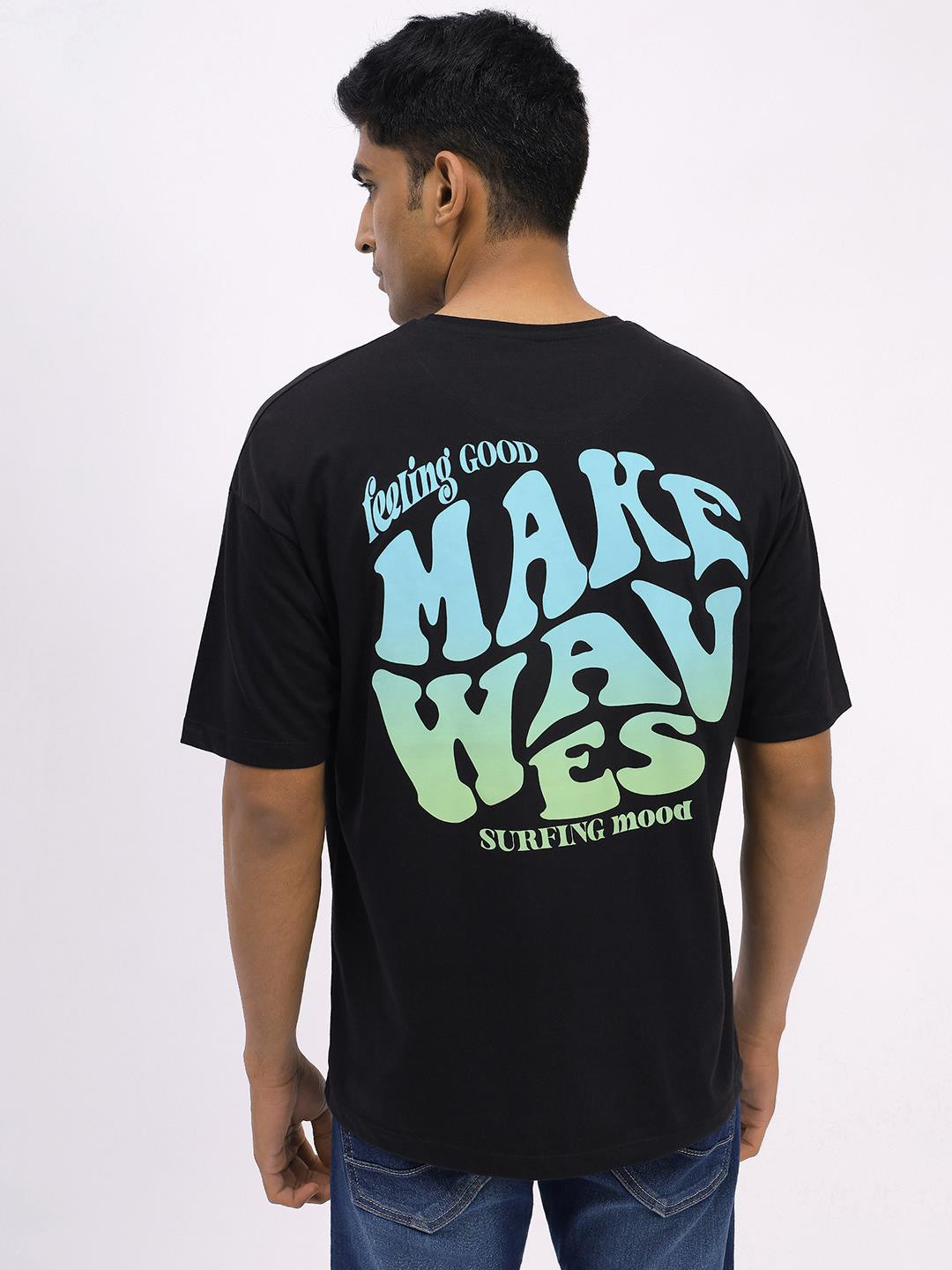 Mast & Harbour Black & Blue Typography Printed Round Neck Cotton Oversized T-shirt