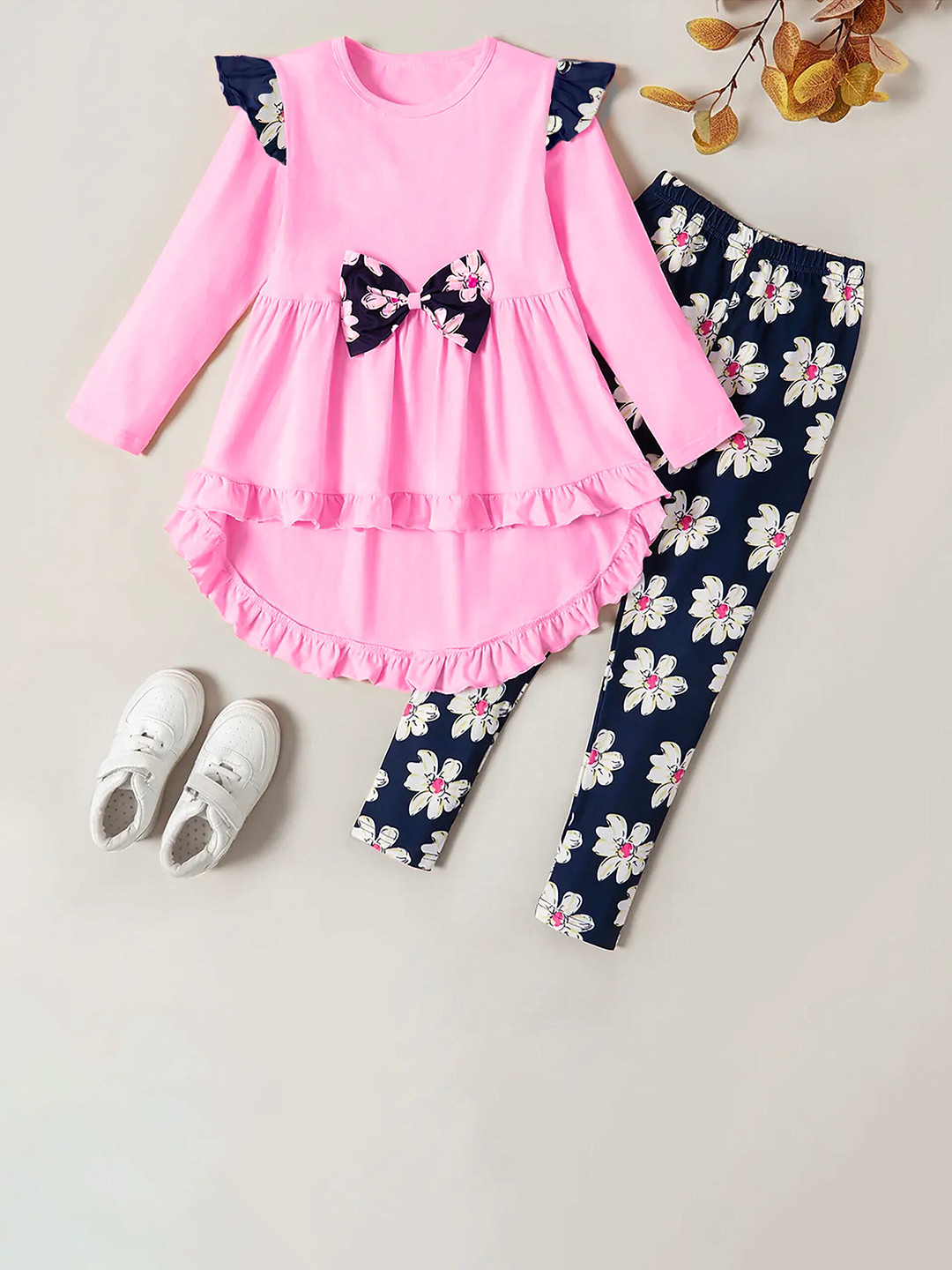 BAESD Girls Bow High Low Top With Printed Leggings