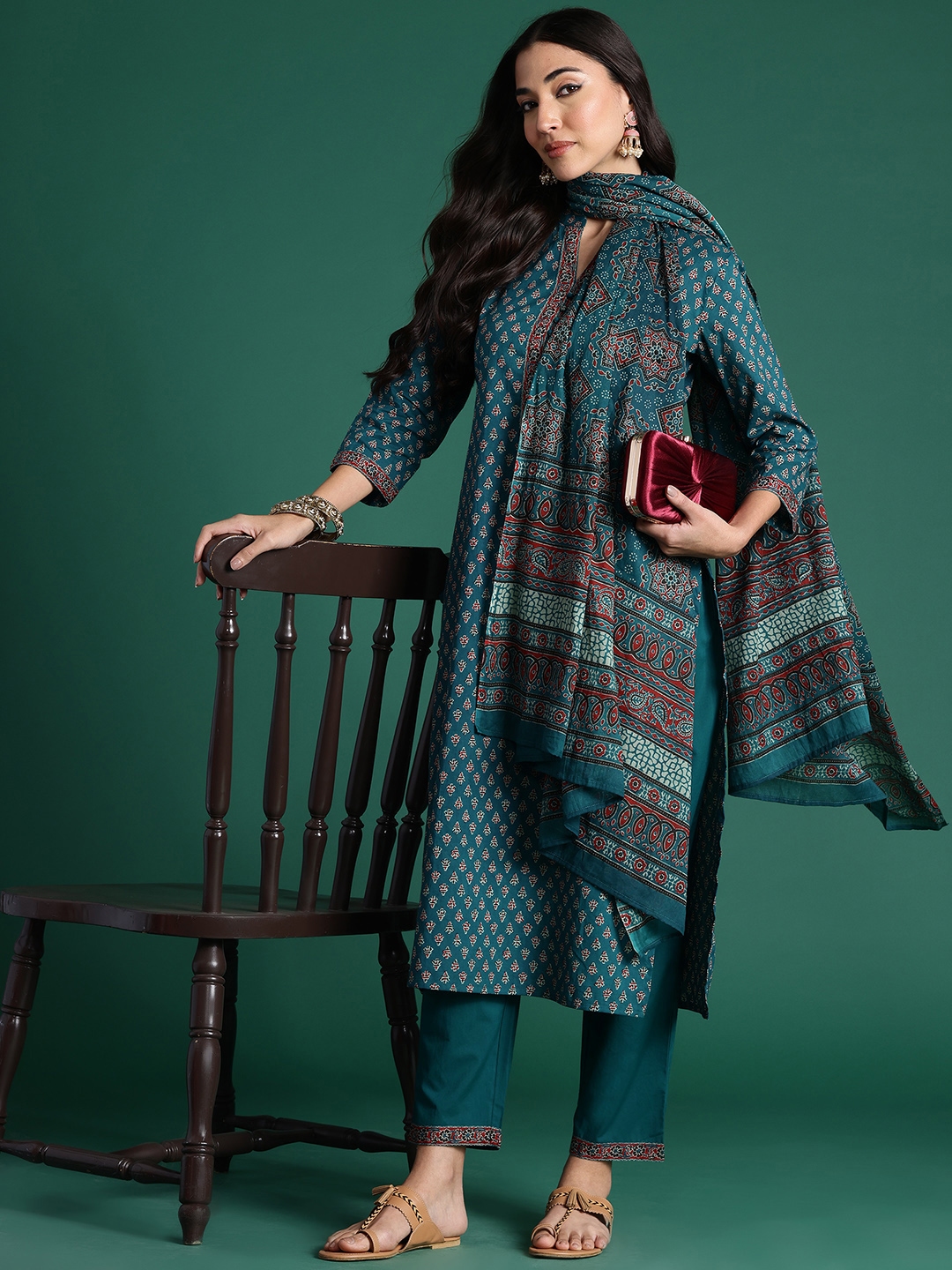 Indo Era Ethnic Motifs Printed Pure Cotton Kurta With Trousers & Dupatta - Kurta Sets for Women 26943964 | Myntra