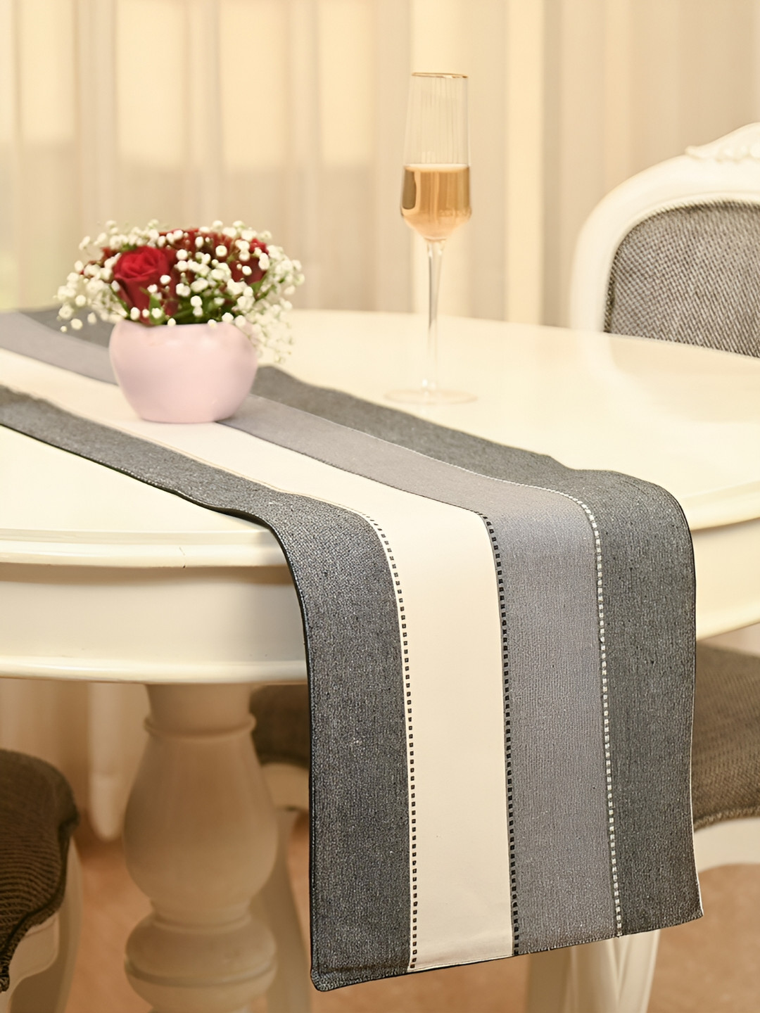 FABURAA Off White & Grey Striped Quilted Cotton Table Runner
