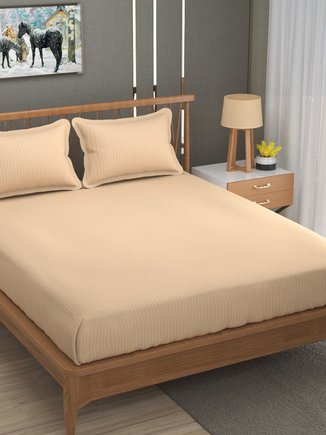 Aura Mario Peach Striped Microfiber 180 TC Queen Fine Bedsheet with 2 Pillow Covers-89 x 89 inches