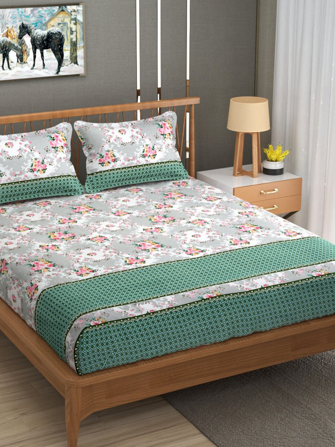 Aura Mario Grey Floral Microfiber 180 TC Queen Fine Bedsheet with 2 Pillow Covers-225 x 270 cm