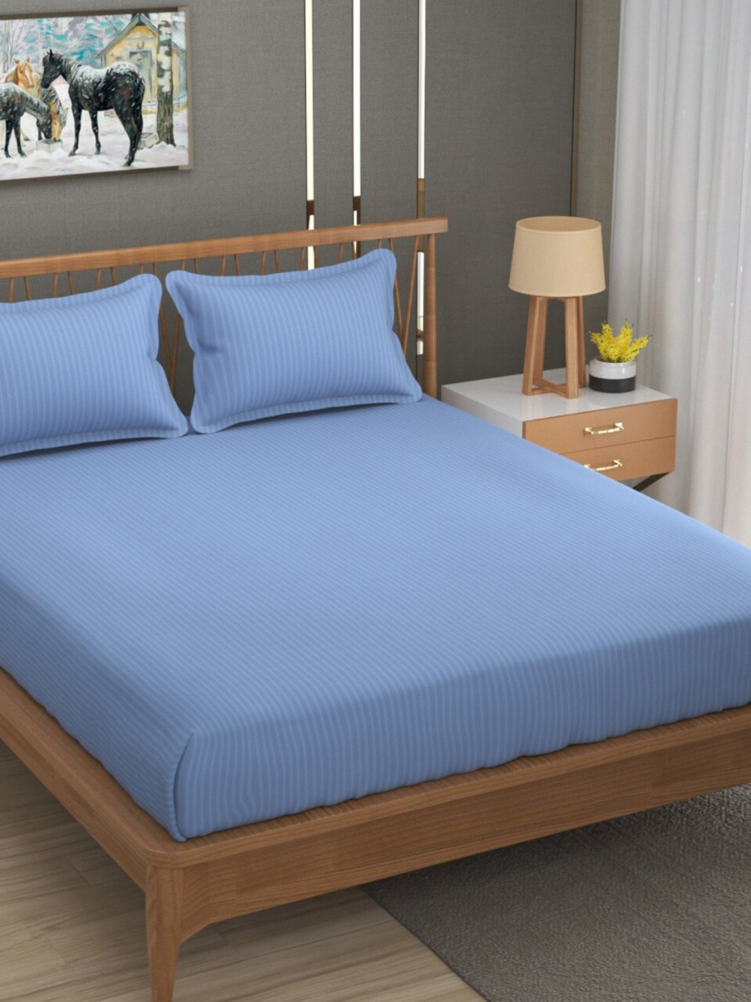 Aura Mario Blue Striped Microfiber 180 TC Queen Fine Bedsheet with 2 Pillow Covers-89 x 89 inches