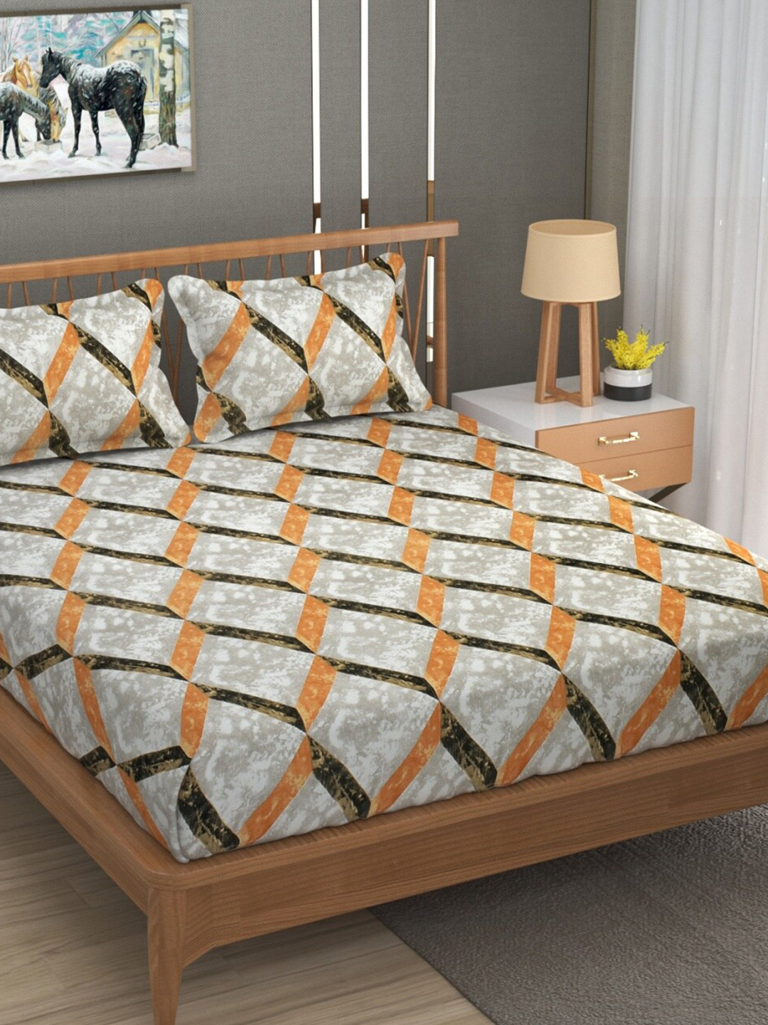 Aura Prime Collection Beige Geometric Microfiber 180 TC Queen Fine Bedsheet with 2 Pillow Covers-225 x 225 cm