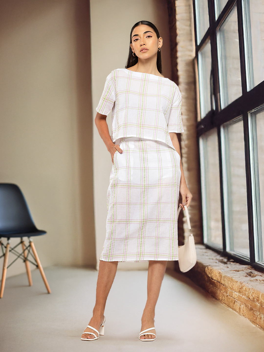 Chemistry Pure Cotton Checked Top and Skirt Co-Ord Set