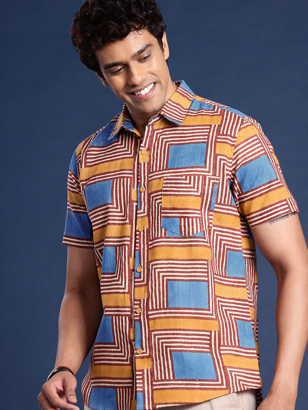 Taavi Block Print Geometric Printed Pure Cotton Casual Shirt