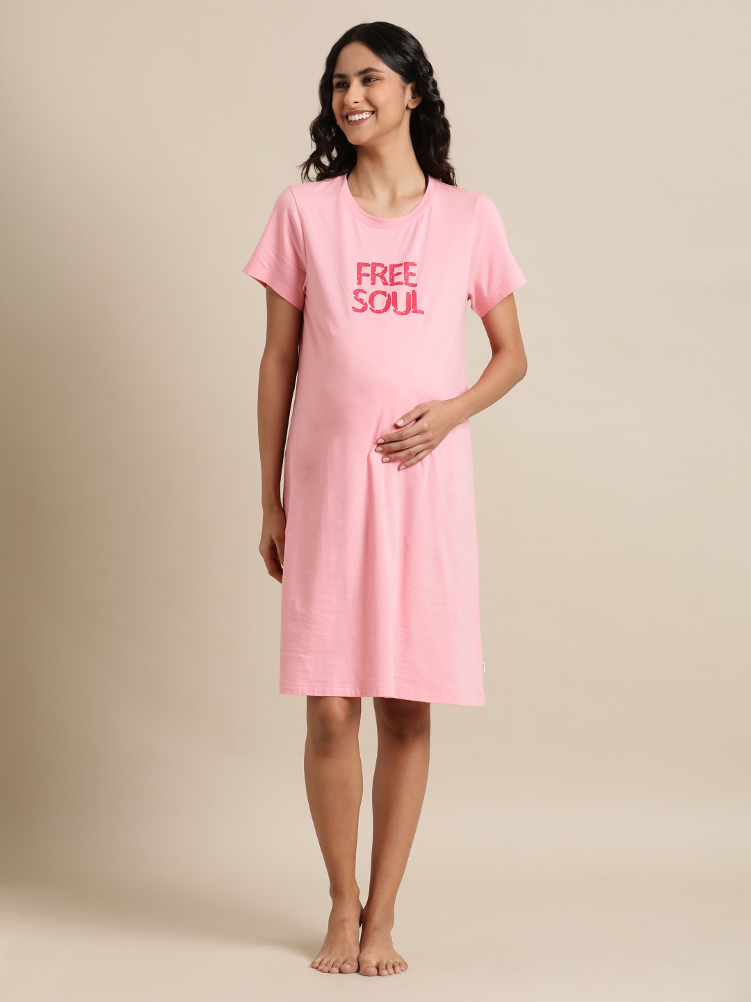 mackly Pink Printed Round Neck Short Sleeves Cotton T-shirt Dress