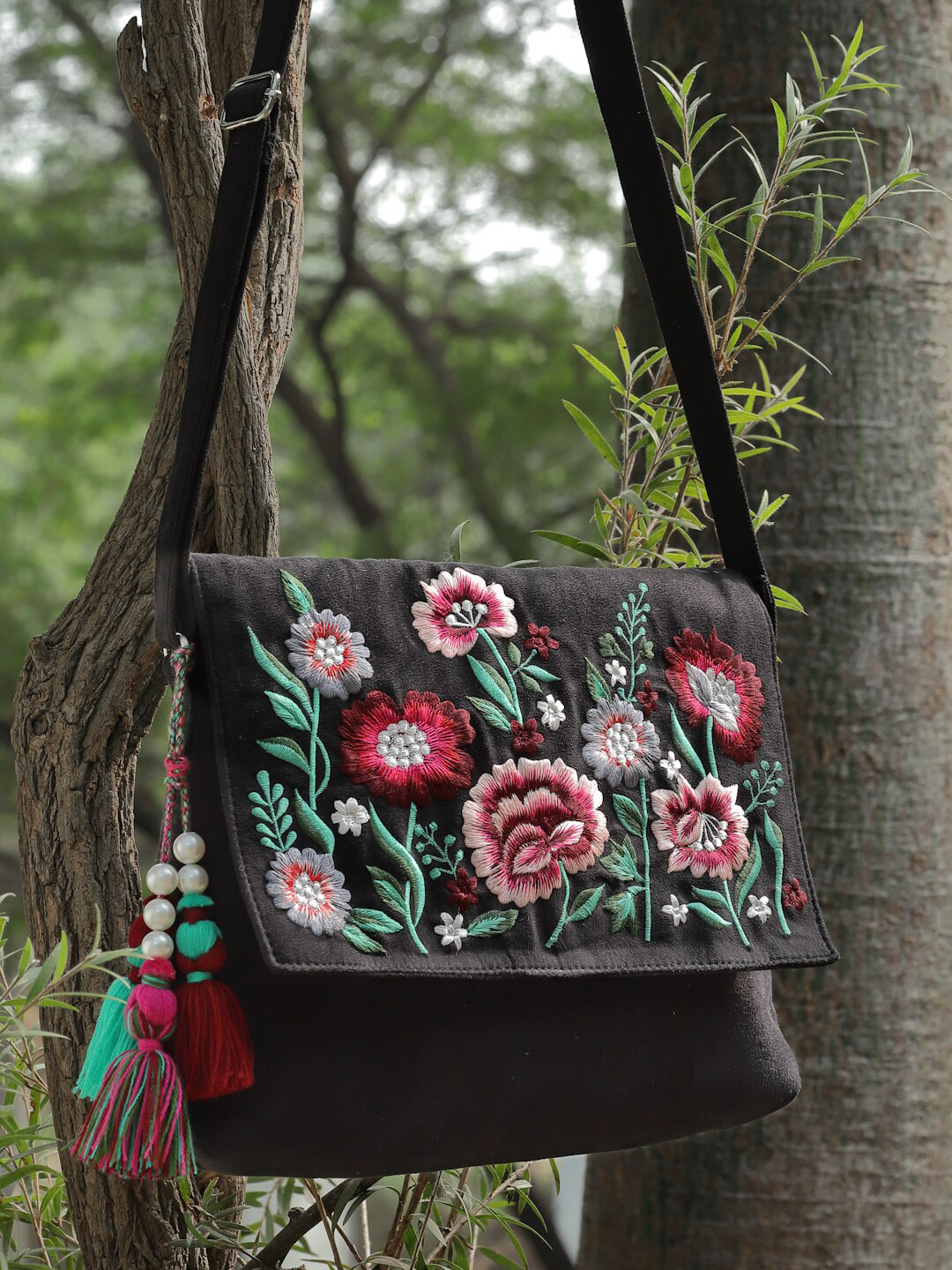 Anekaant Floral Embellished Structured Suede Sling Bag