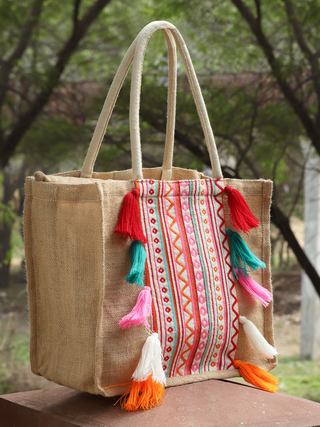 Anekaant Striped Tasselled Detailed Structured Jute Shoulder Bag