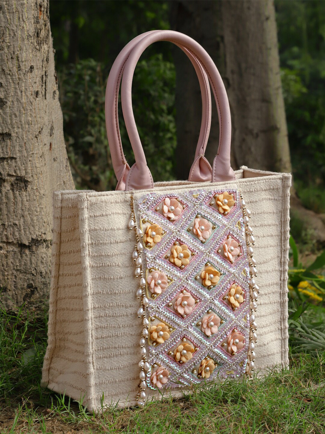 Anekaant Striped Tasselled Detailed Cotton Canvas Handheld Bag