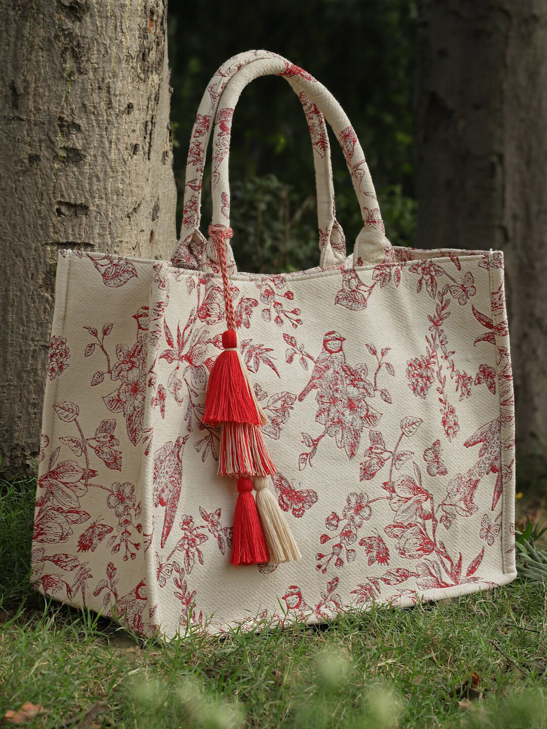 Anekaant Floral Printed Toile Jacquard Cotton Handheld Bag With Tasseled