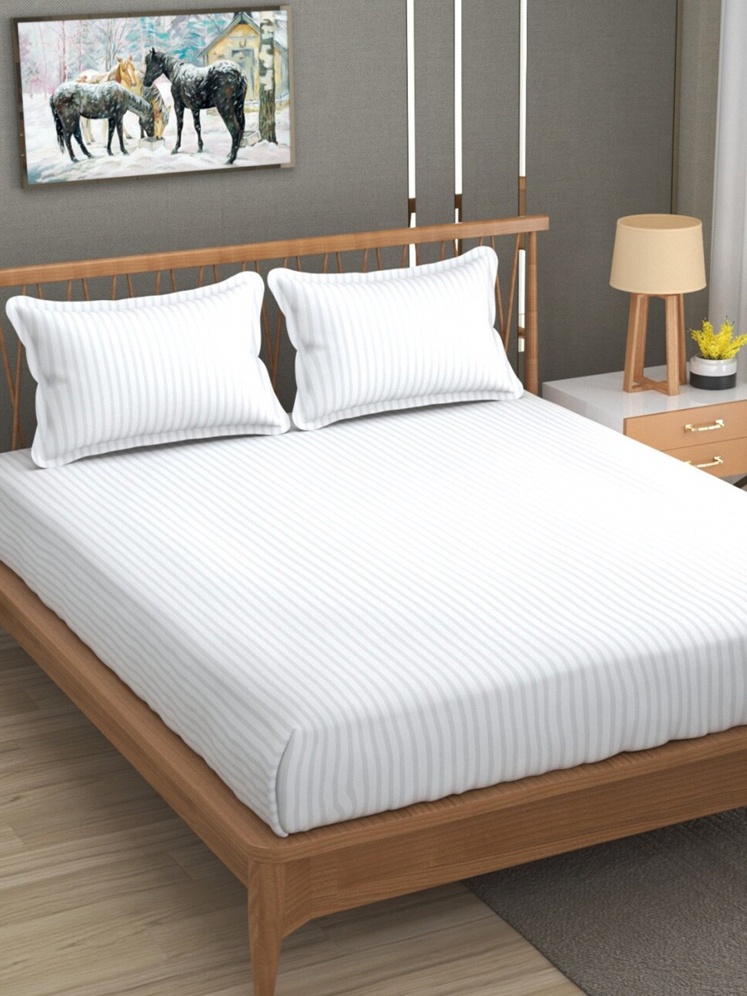 Aura Stripe White Striped Microfiber 180 TC Queen Fine Bedsheet with 2 Pillow Covers-89 x 89 inches