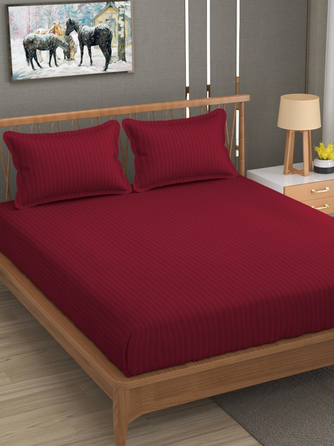 Aura Stripe Maroon Striped Microfiber 180 TC Queen Fine Bedsheet with 2 Pillow Covers-89 x 89 inches
