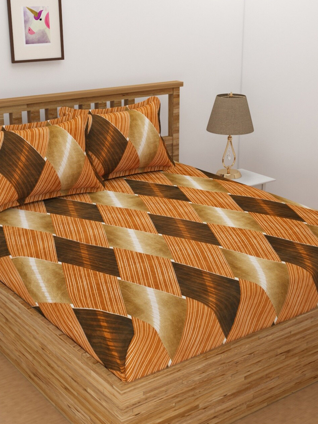 Aura Kalash Beige Geometric Microfiber 160 TC Queen Bedsheet with 2 Pillow Covers-89 x 89 inches