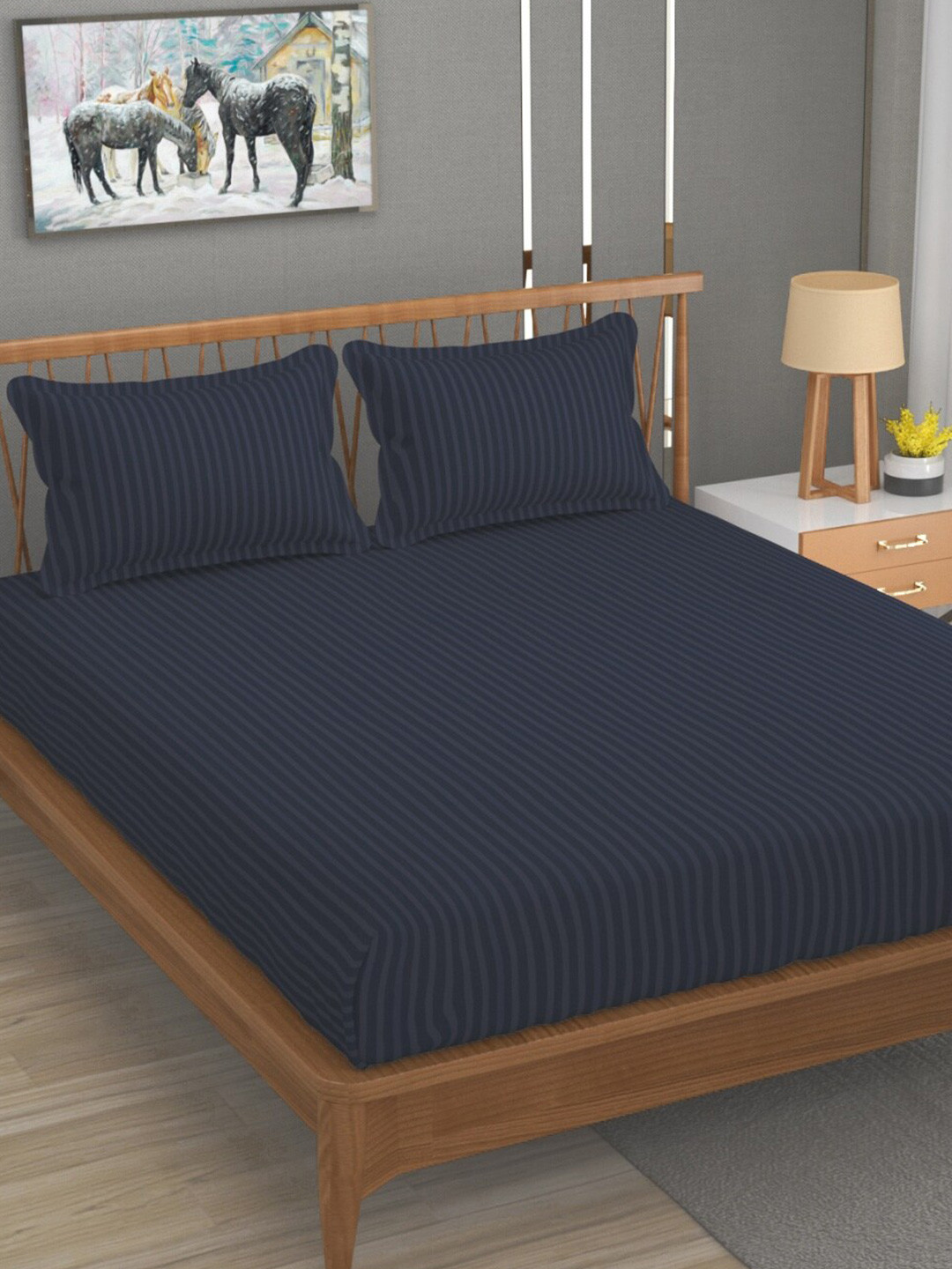 Aura Stripe Grey Striped Microfiber 180 TC Queen Fine Bedsheet with 2 Pillow Covers-89 x 89 inches