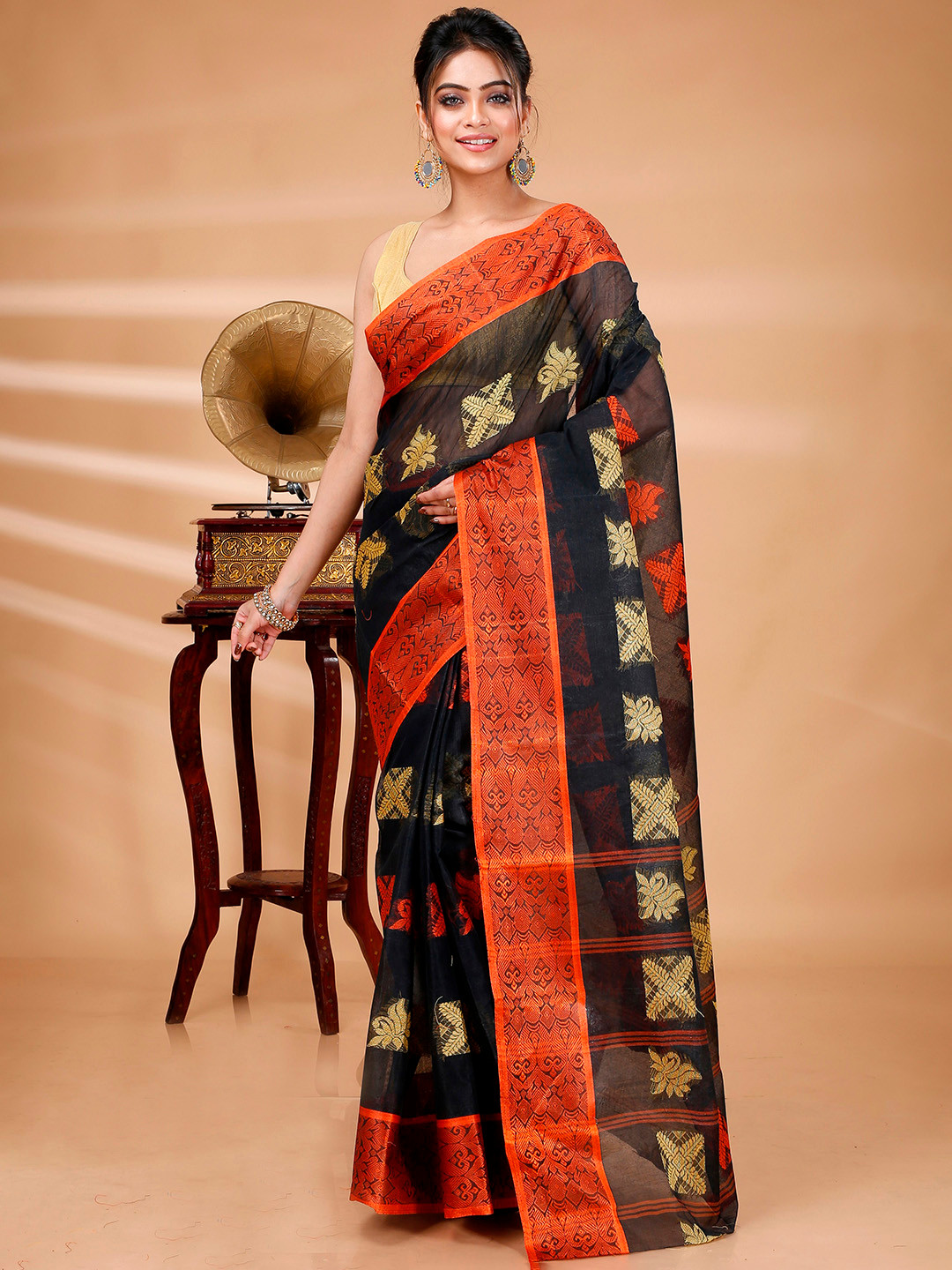 DipDiya Black & Orange Ethnic Woven Design Pure Cotton Taant Saree