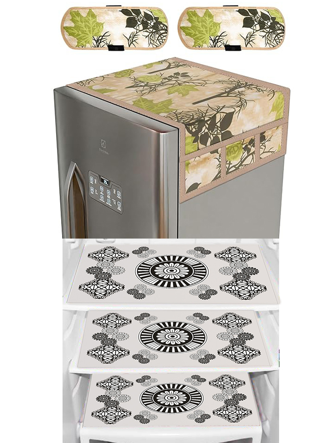 Dakshya Industries Balck & Green 6 Pieces Printed Refrigerator Covers & Mats