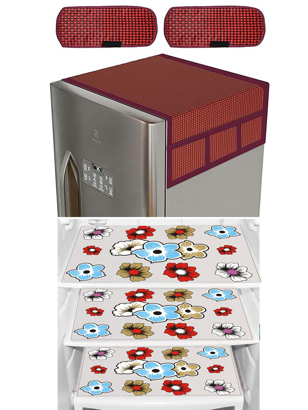 Dakshya Industries Maroon 6 Pieces Printed Refrigerator Covers & Mats