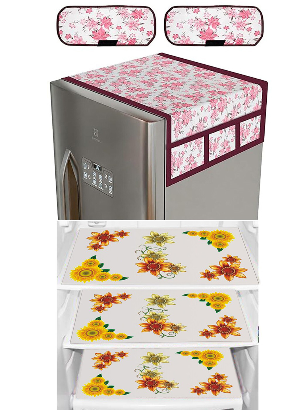 Dakshya Industries 6 Pieces White & Pink Refrigerator covers