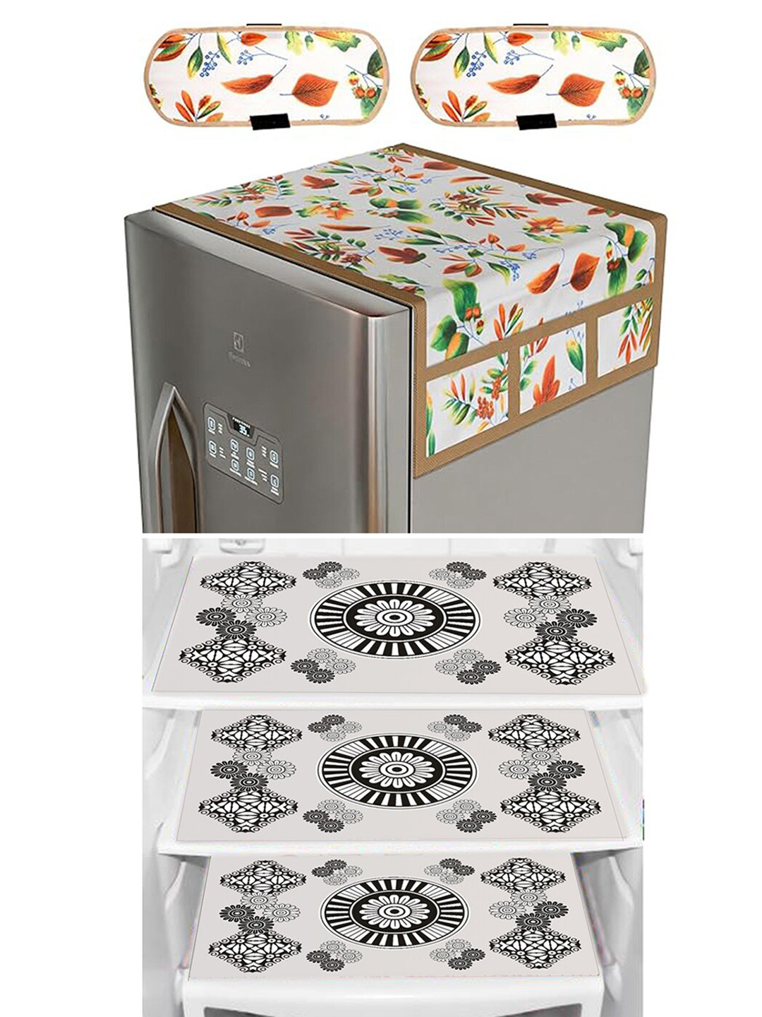 Dakshya Industries Black 6 Pieces Printed Refrigerator Covers & Mats