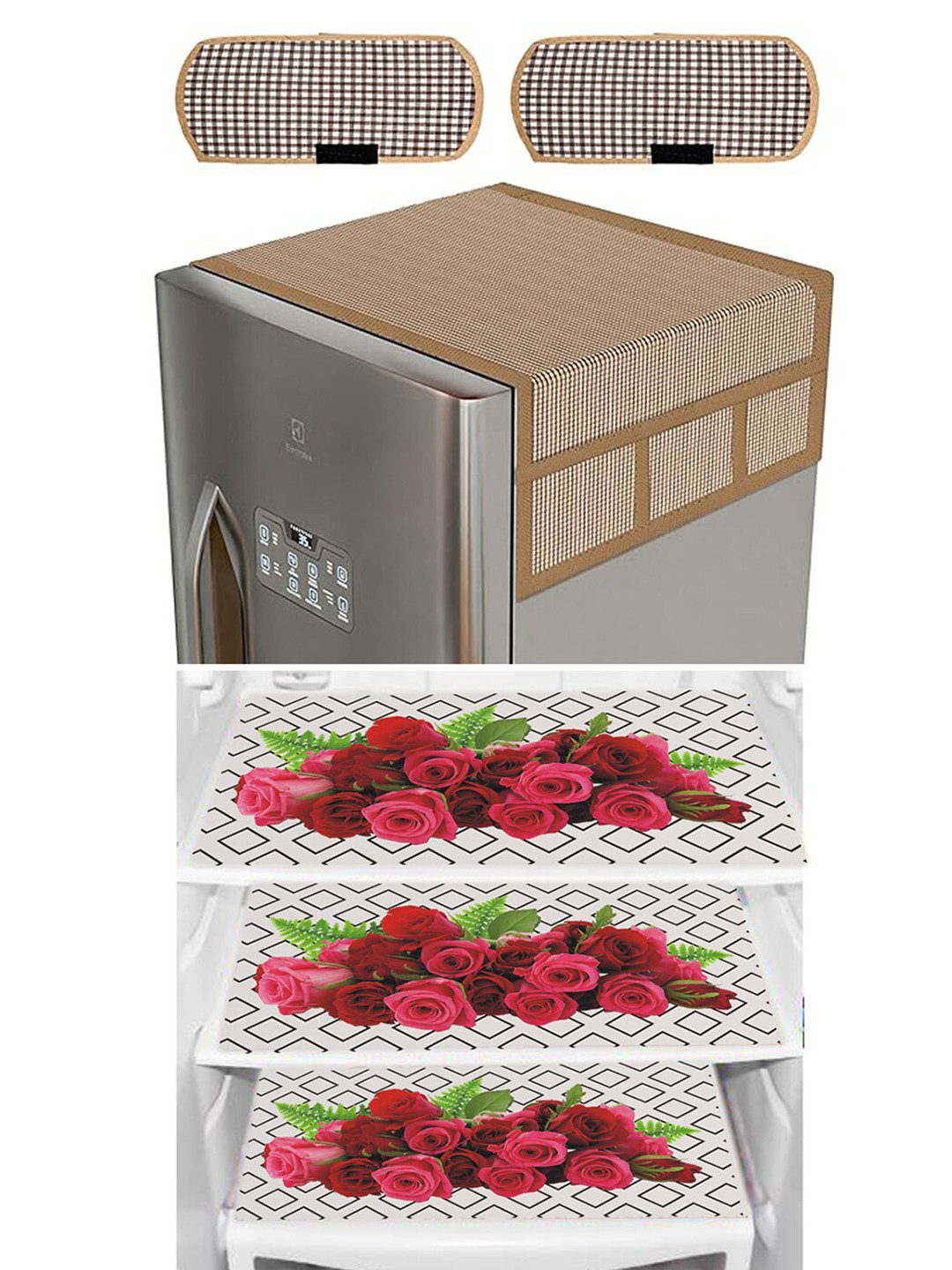 Dakshya Industries Maroon & Brown 6 Pieces Printed Refrigerator Covers & Mats