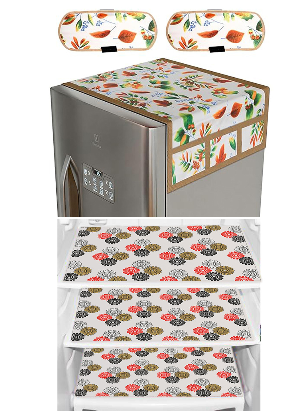 Dakshya Industries 6 Pieces Red & Cream Refrigerator covers & Mats With Handel Coves