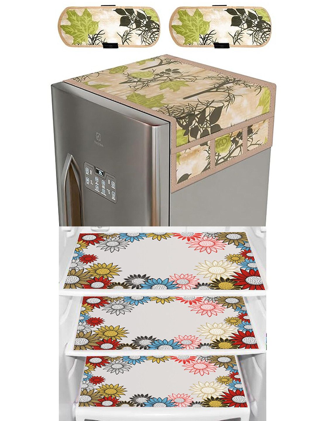 Dakshya Industries Blue &n Green 6 Pieces Printed Refrigerator Covers & Mats