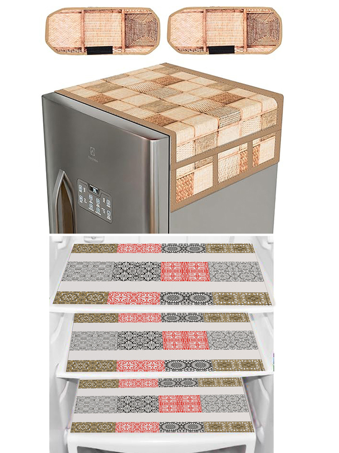 Dakshya Industries Set Of 6 Brown & Pink Refrigerator covers & Mats