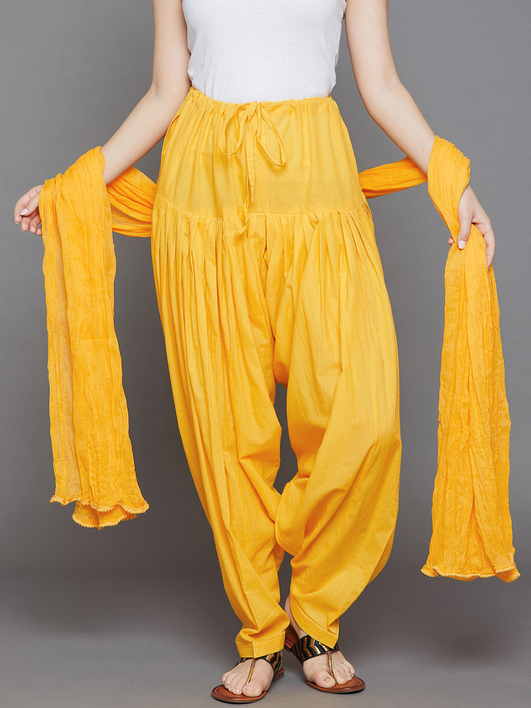THE PAJAMA FACTORY Yellow Plain Cotton Patiala with Dupatta