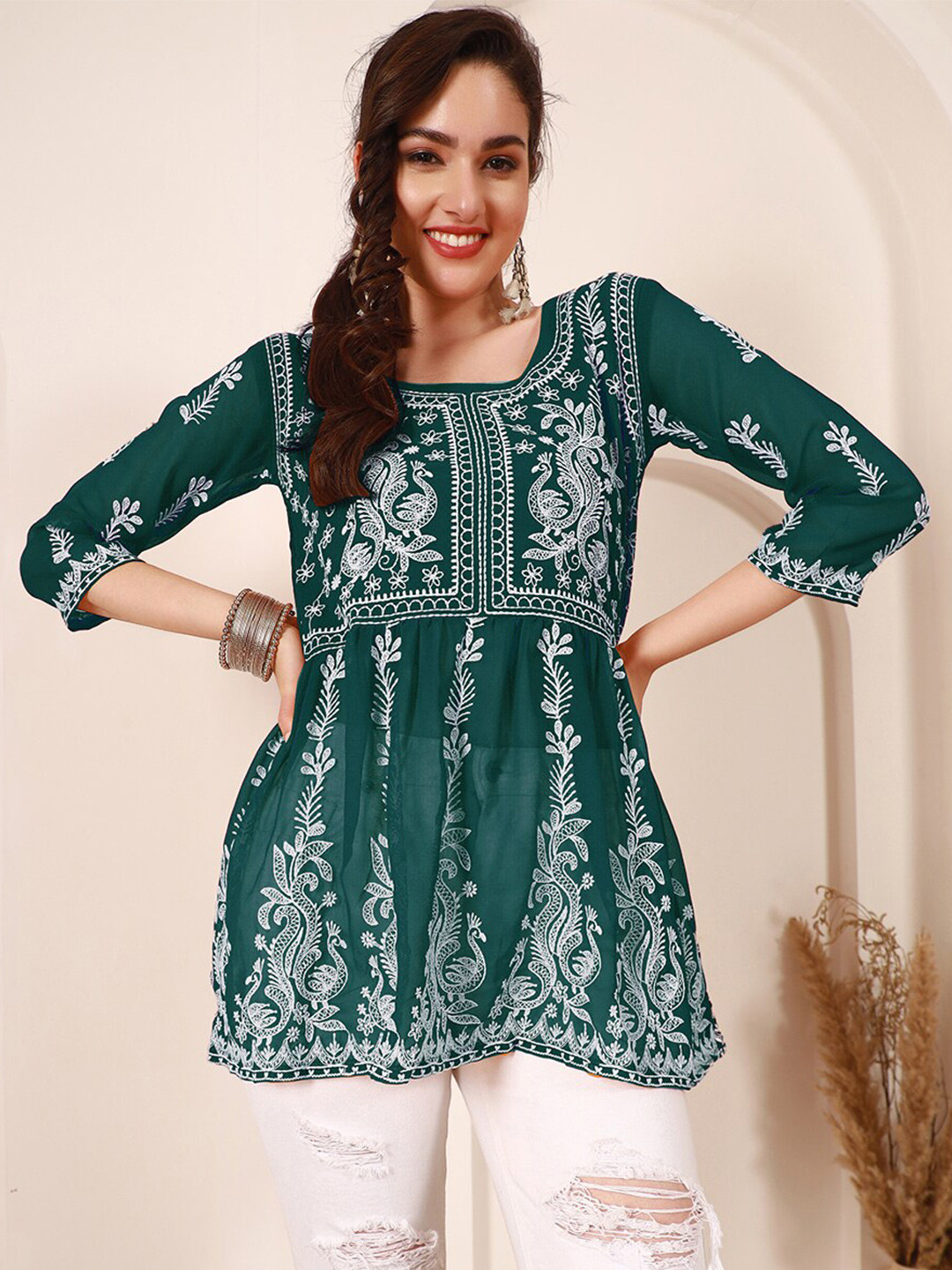 HERE&NOW Embroidered Chikankari A-Line Short Kurti