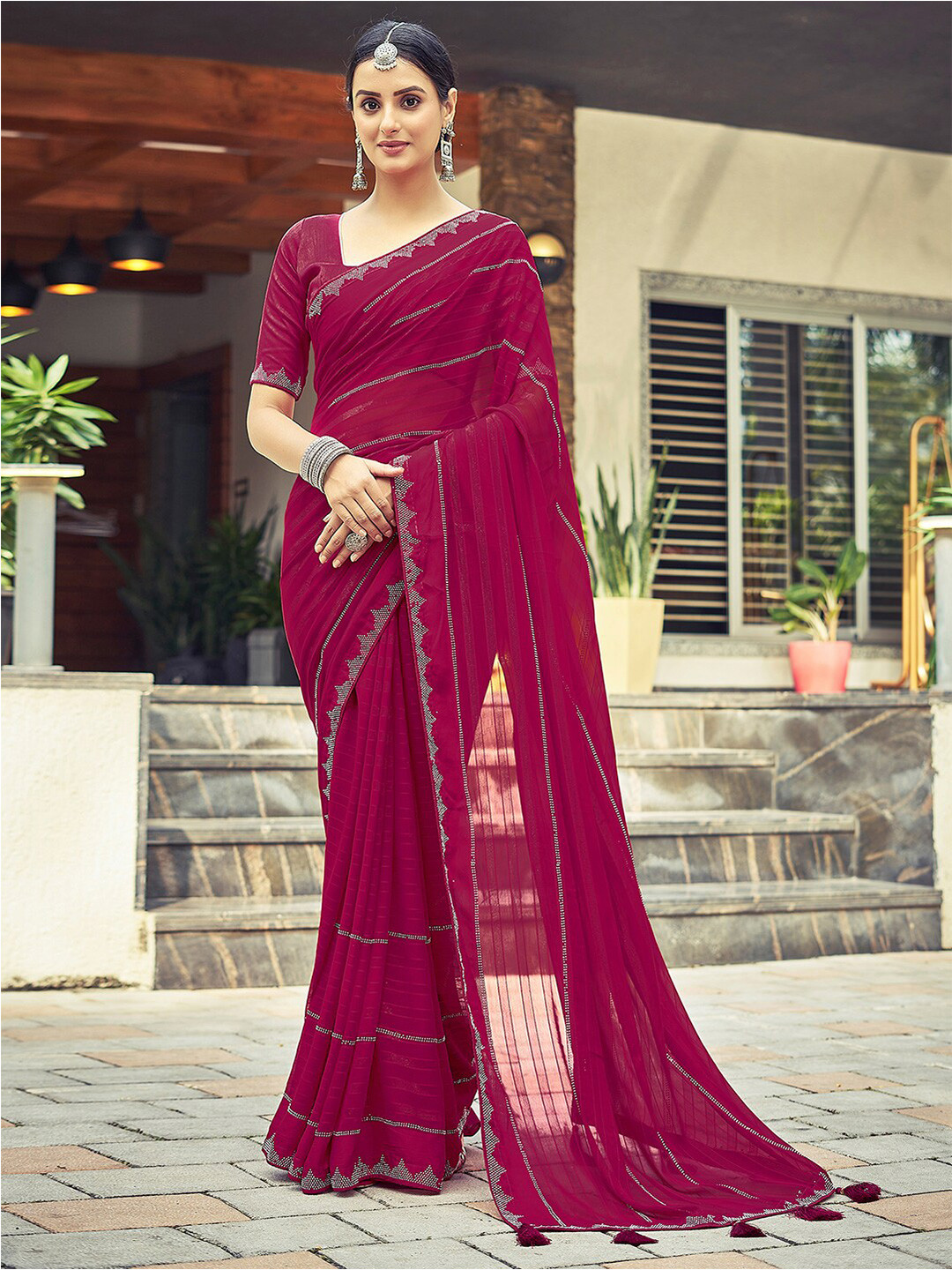 Satrani Pink Striped Beads and Stones Georgette Dyed & Stone Work Border Saree