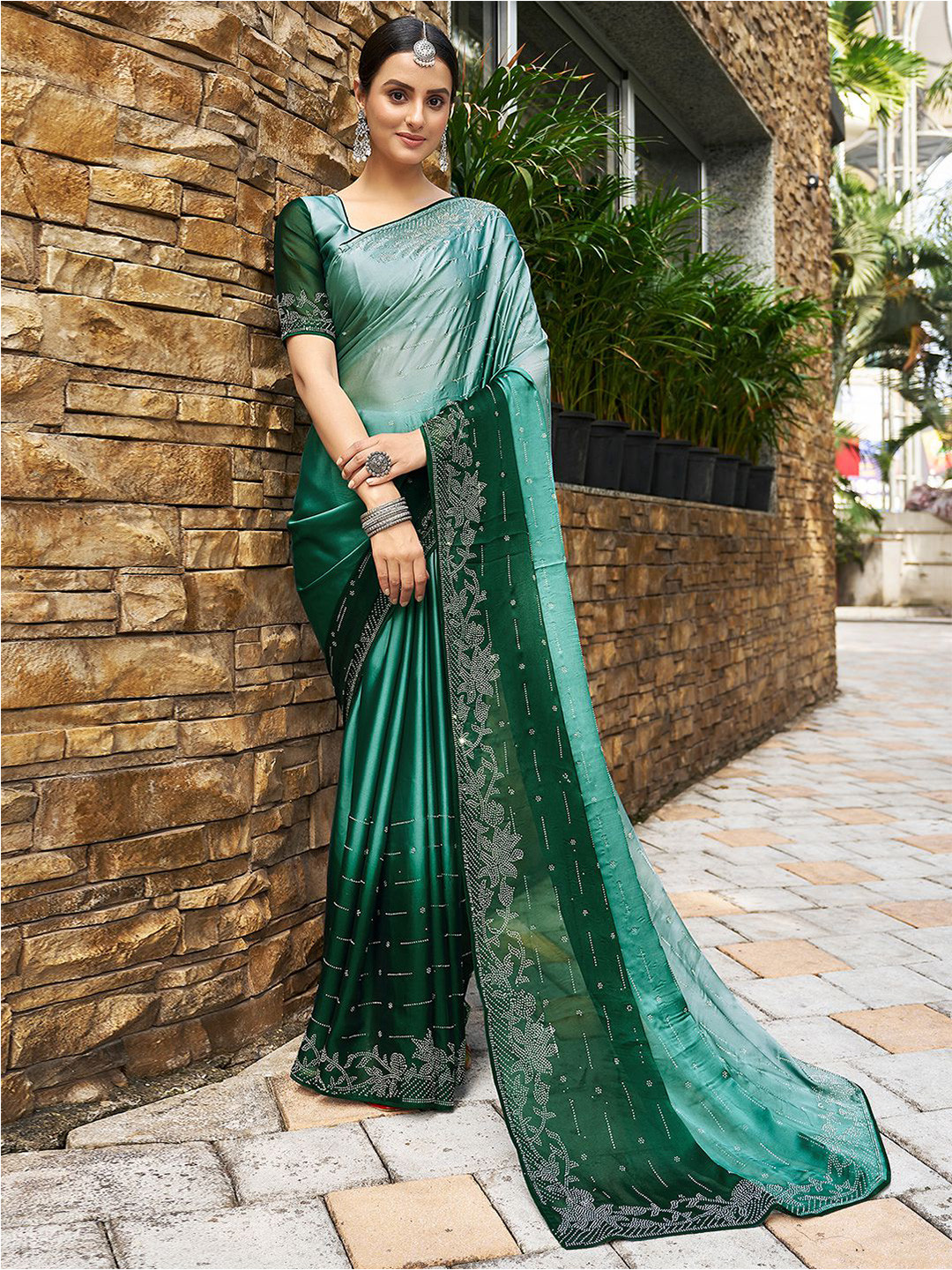 Satrani Green Ombre Beads and Stones Georgette Saree