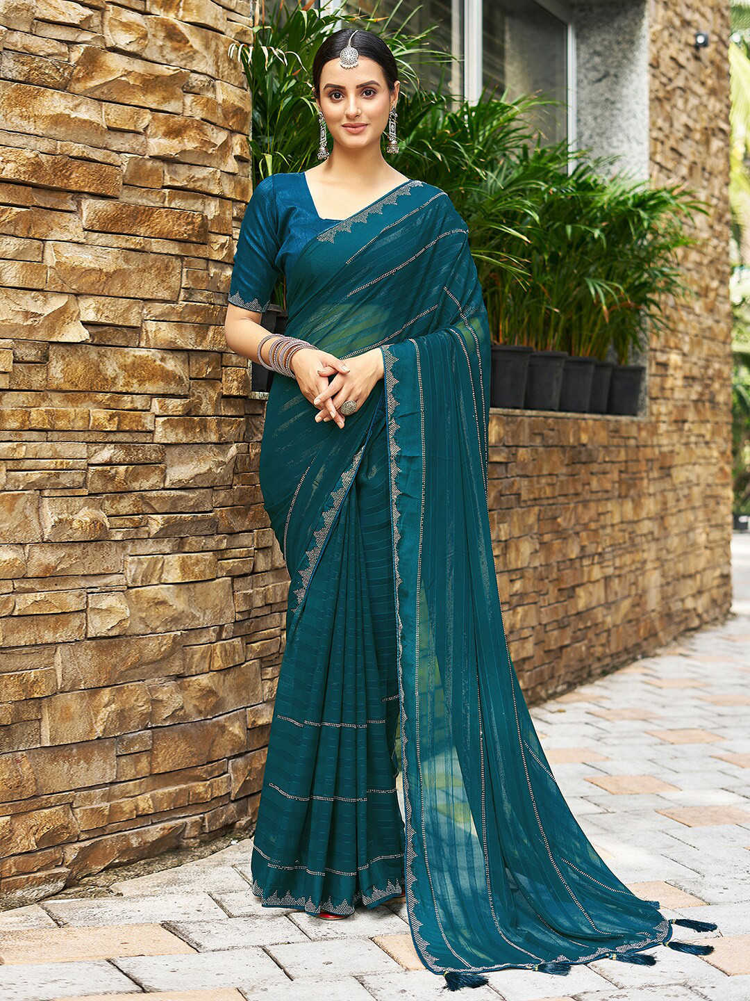 Satrani Turquoise Blue Striped Embellished Beads and Stones Saree