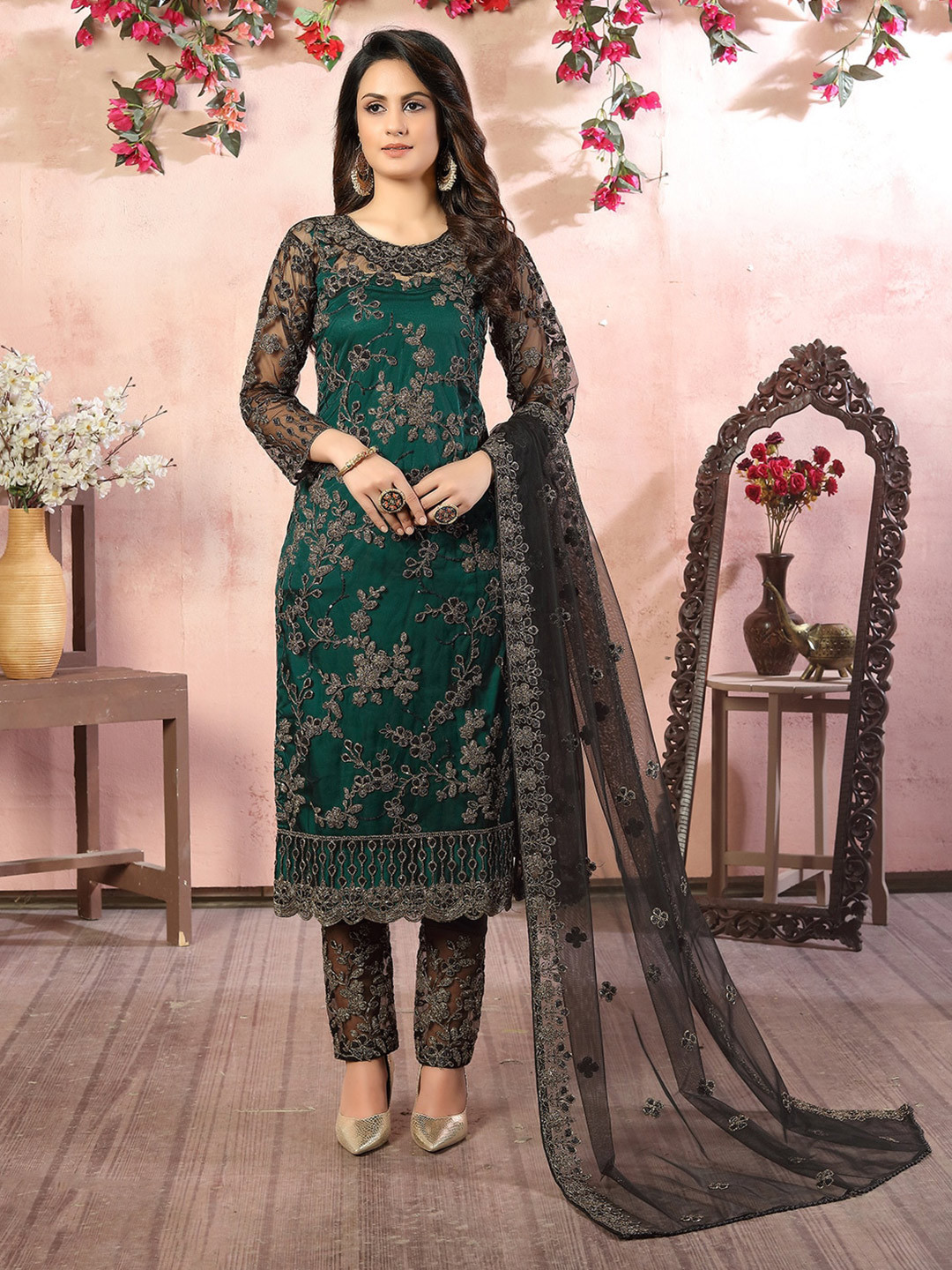 ODETTE Floral Embroidered Thread Work Detailed Net Semi-Stitched Dress Material