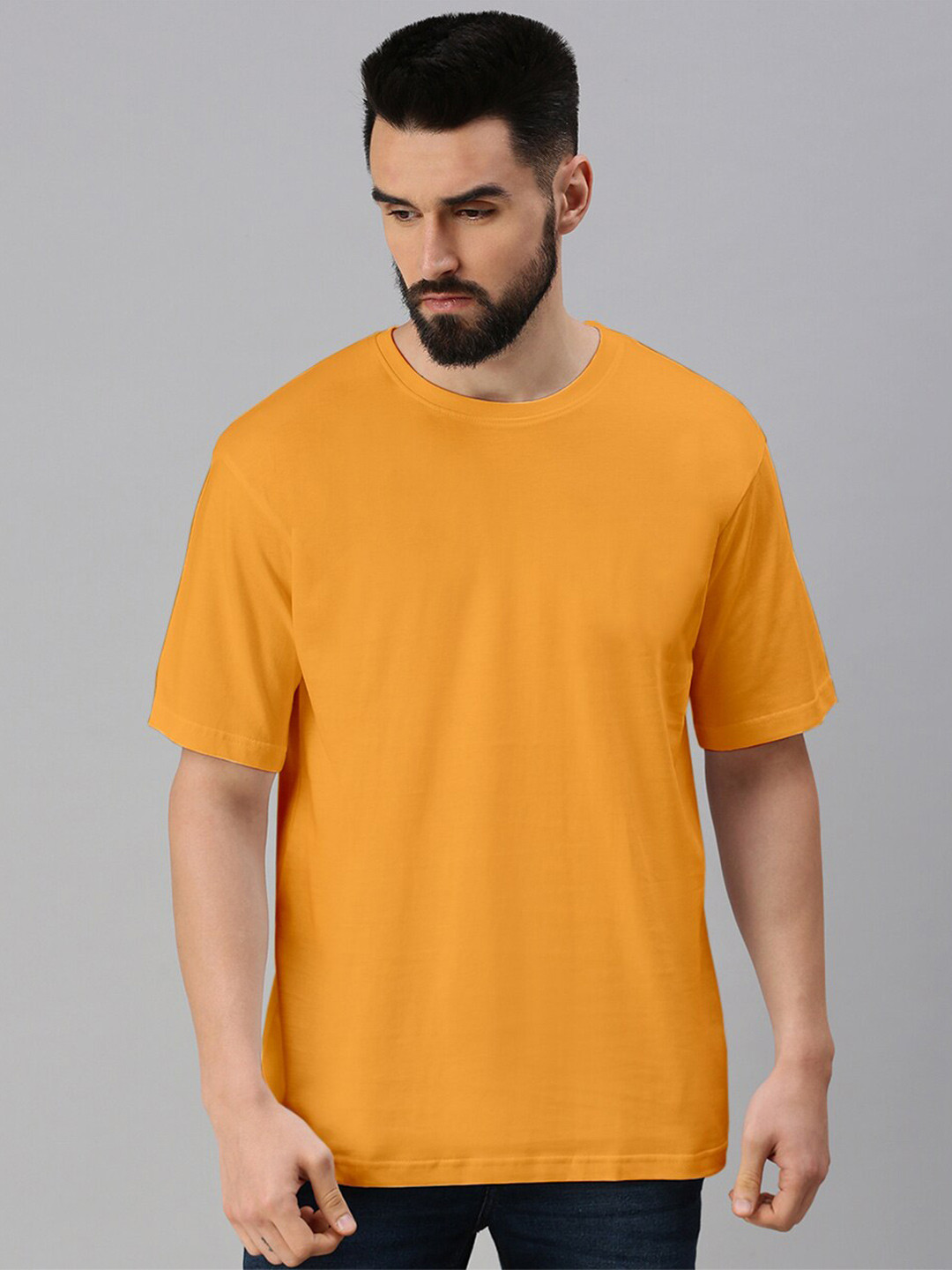 VEIRDO Mustard Yellow Oversized Drop Shoulder Sleeve Pure Cotton T-shirt