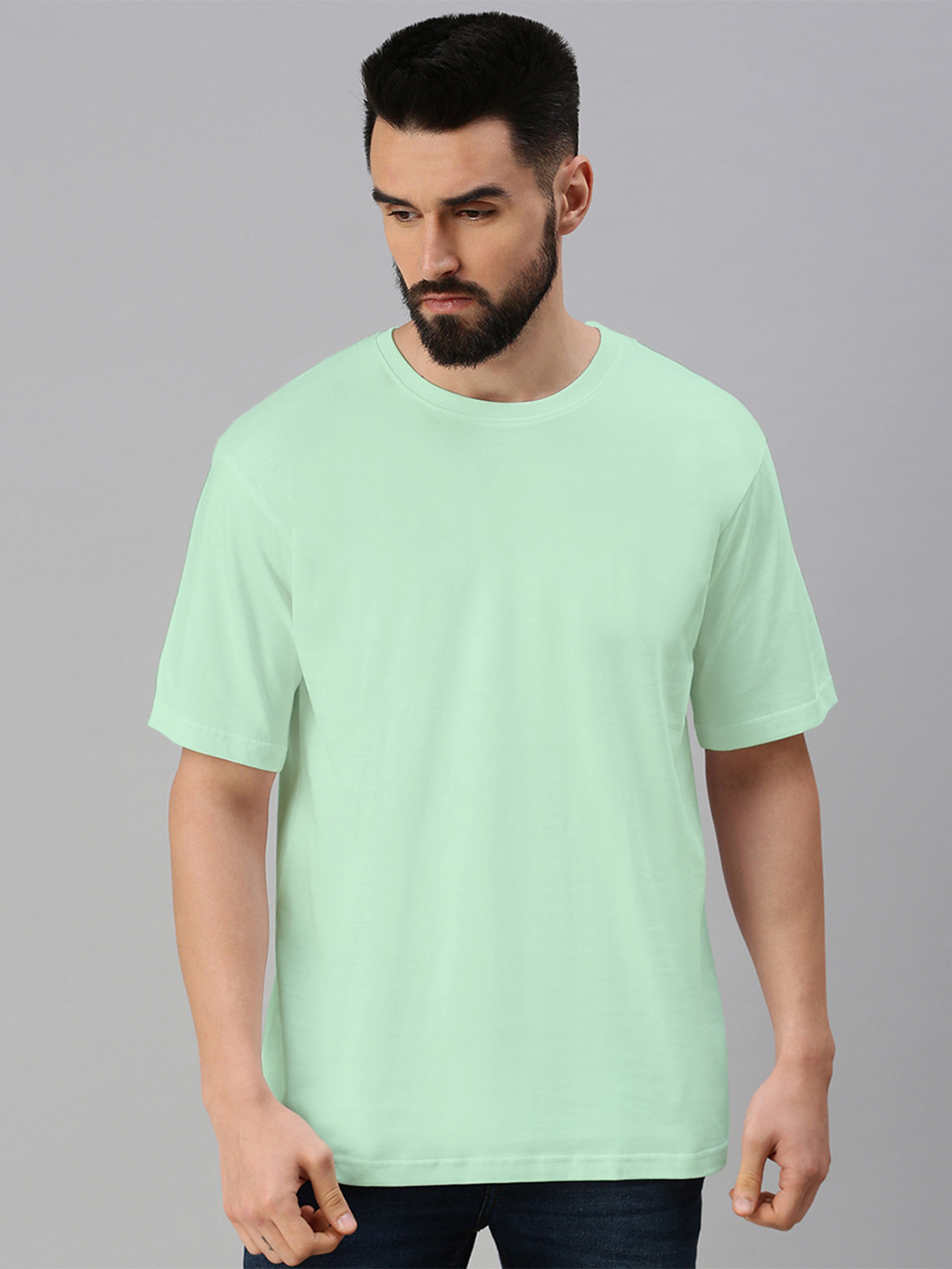 VEIRDO Green Round Neck Drop shoulder Sleeves Pure Cotton Oversized T-shirt