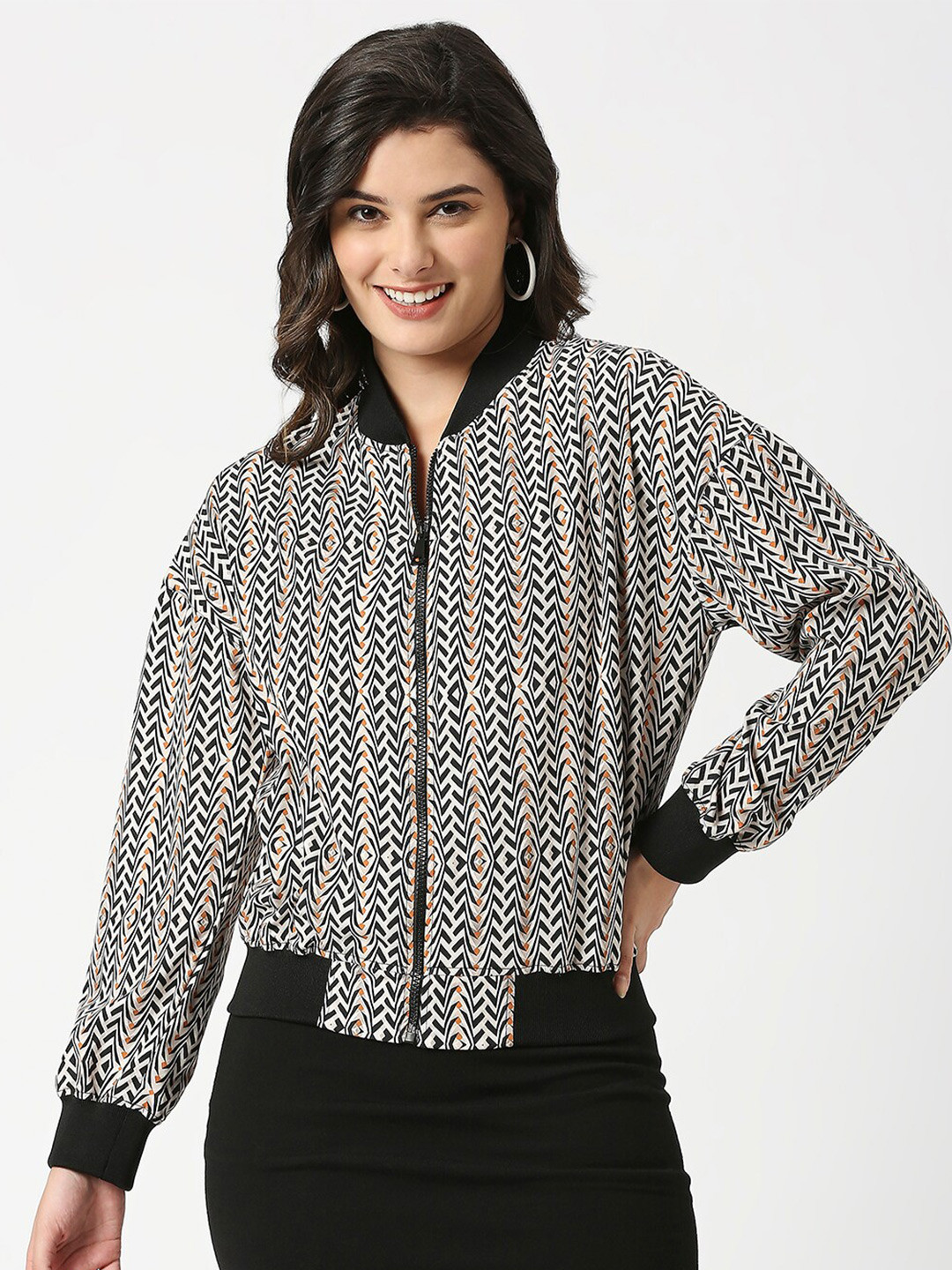 ANWAIND Beige Geometric Printed Stand Collar Long Sleeves Bomber Jacket