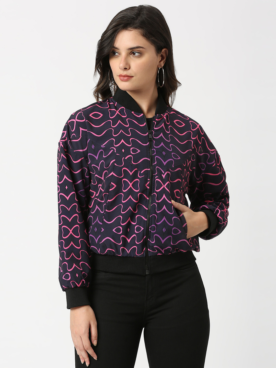 ANWAIND Black Abstract Printed Stand Collar Long Sleeves Bomber Jacket