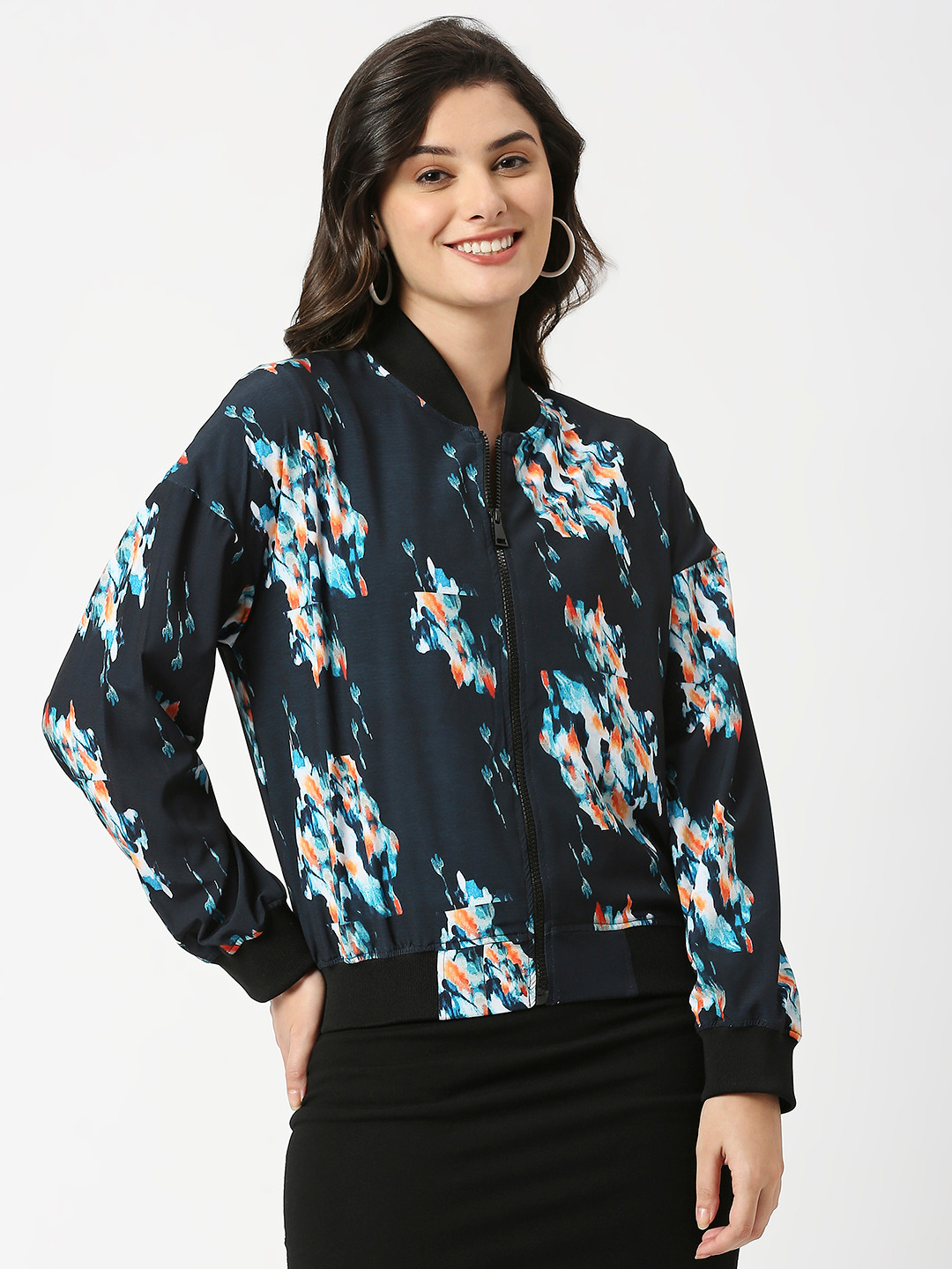 ANWAIND Black Abstract Printed Stand Collar Long Sleeves Bomber Jacket